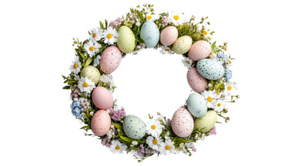 Easter wreath made of colorful eggs and spring flowers on transparent background