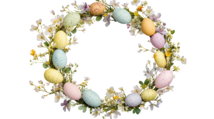 Easter wreath with colorful eggs and spring flowers on transparent background