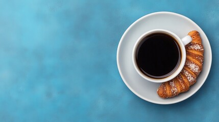 Freshly Brewed Coffee with Croissant on Textured Blue Background