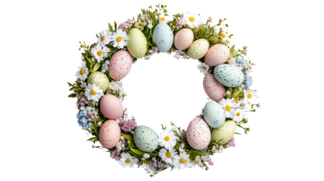 Easter wreath made of colorful eggs and spring flowers on transparent background