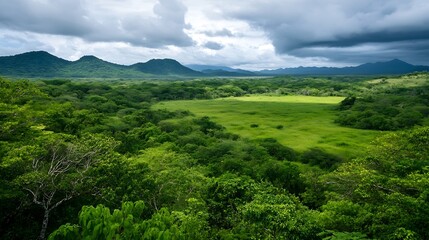 Obraz premium Breathtaking panoramic view of lush green landscape with mountains and cloudy sky : Generative AI