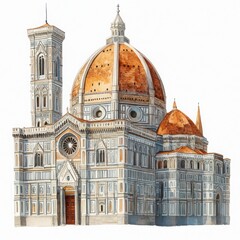 Fototapeta premium Detailed Artistic Rendering of the Florence Cathedral with Its Iconic Dome and Bell Tower, Showcasing Renaissance Architecture and City Landmark Features
