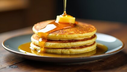Fluffy pancake topped with a drizzle of golden syrup, , honey