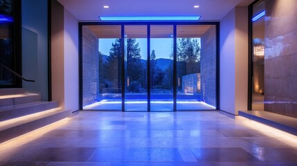 Obraz premium Modern Home Entrance with Illuminated Pool and Mountain View