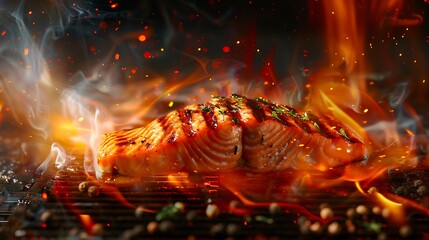 Grilled salmon steak on the flaming grill