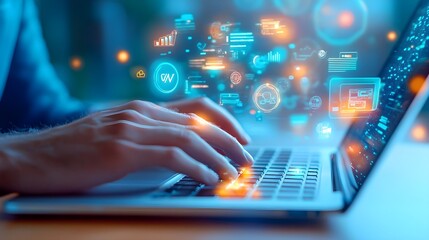 digital business data analytics laptop - futuristic technology