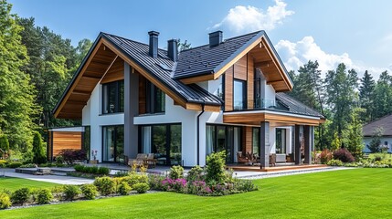 Charming Suburban Home Nestled on Expansive Green Lawn Surrounded by Lush Trees and Vibrant Flower Beds Creating a Picturesque and Inviting Outdoor Living Space for Families