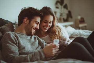 Loving couple discovering pregnancy test results on the bed Joyful pair examining test on a couch at home Family parenting and health theme