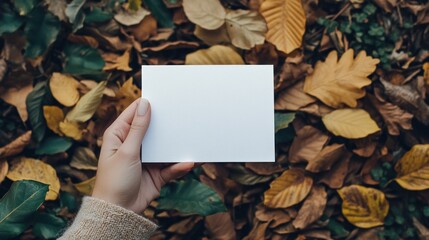 Hand holding blank card, autumn leaves background, mockup design