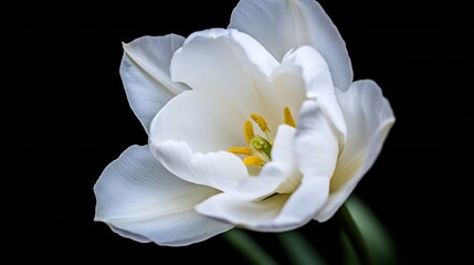 Obraz premium Elegant White Tulip on Dark Background Showcasing Delicate Petals and Bright Yellow Stamens : Generative AI