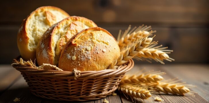 Freshly baked breads arranged in a rustic basket filled with wheat sheaves, fresh, baking