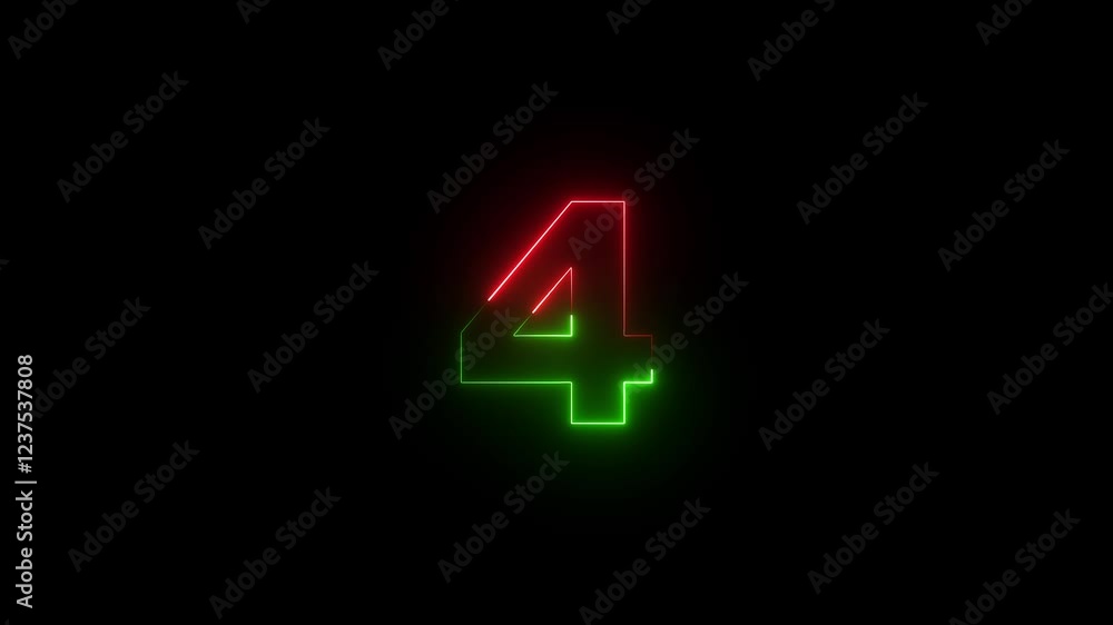Poster animation of number 4 and text four with neon outline isolated on black background.