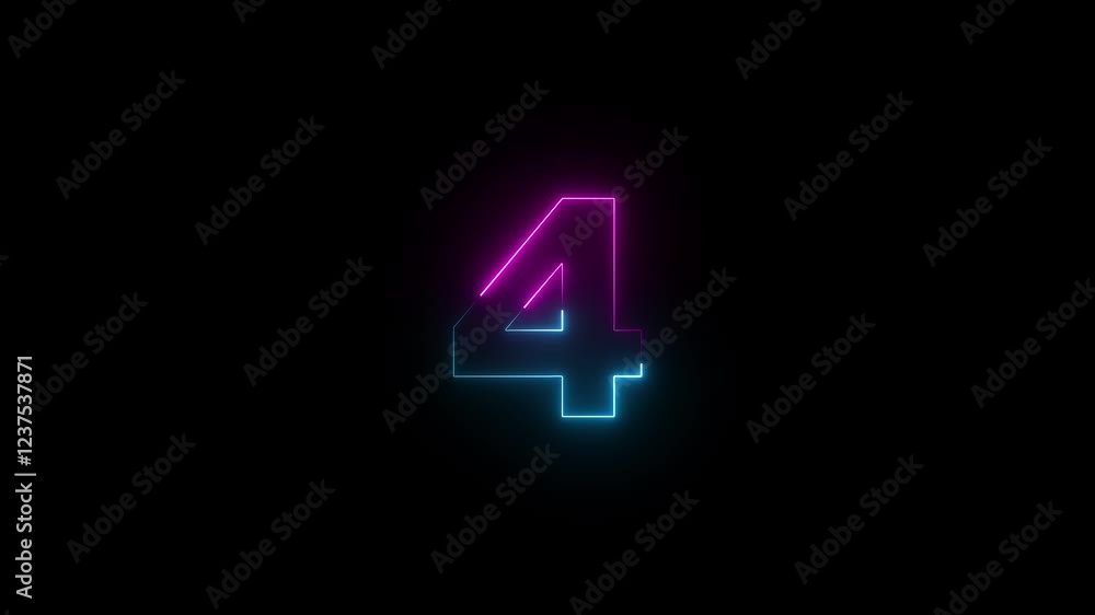 Aufkleber animation of number 4 and text four with neon outline isolated on black background.
