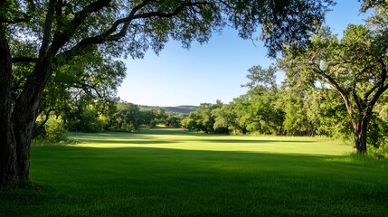 Fototapeta premium Serene Golf Course Surrounded by Lush Trees and Clear Blue Sky : Generative AI