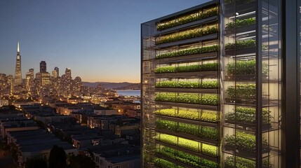 Obraz premium Urban vertical farm at night, San Francisco skyline. Sustainable food production. Generative ai