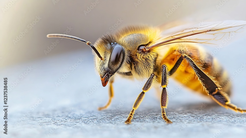Poster closeup of a honey bee showcasing its detailed body and wings on a smooth surface : generative ai