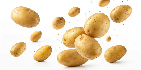Obraz premium Falling Fresh Potatoes Isolated on a White Background, Highlighting Culinary Versatility