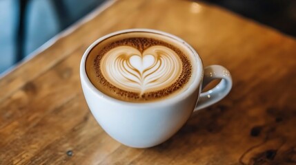 Beautiful latte art heart design in a coffee cup on wooden table : Generative AI