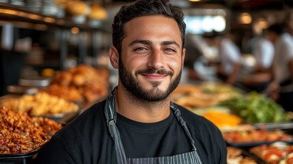 Smiling Chef in a Busy Restaurant Kitchen