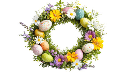 Colorful easter wreath with decorated eggs and spring flowers on transparent background