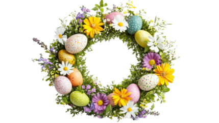 Colorful easter wreath with decorated eggs and spring flowers on transparent background