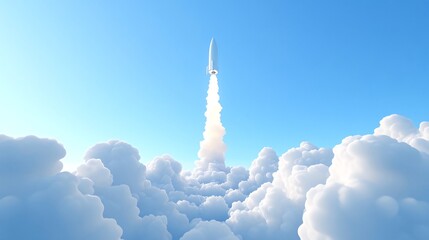 Rocket launch above clouds, clear sky background; space exploration concept