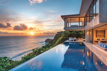 A stunning oceanfront villa features a sleek design, infinity pool, and breathtaking sunset views, blending luxury with nature.
