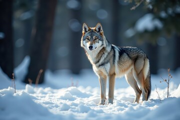 Naklejka premium Grey wolf standing tall on snow-covered forest floor with ears pinned back , forest, snowy