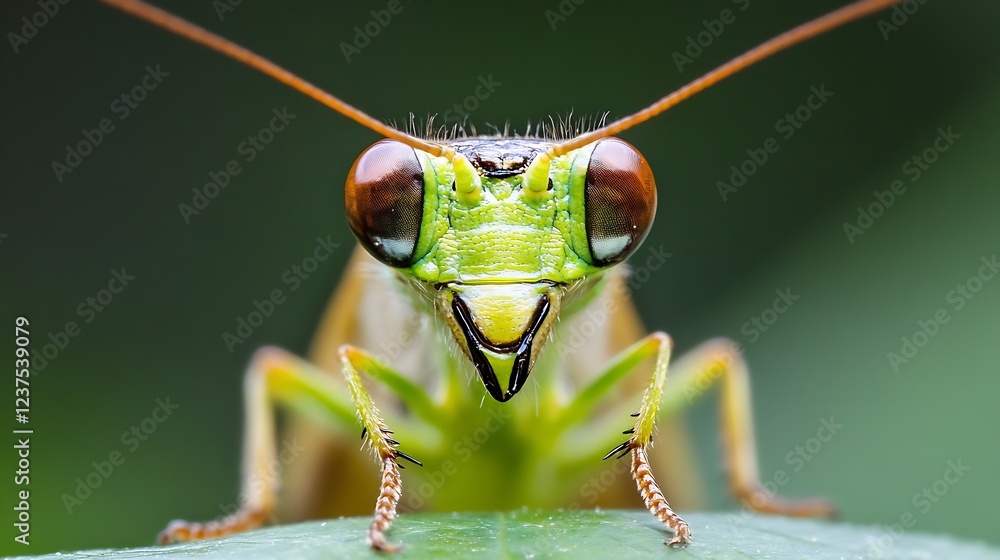 Poster Macro View of a Green Praying Mantis with Focus on its Large Eyes on Leaf : Generative AI