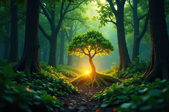 Glowing forest scene with glowing tree from a broken egg, break, greenery, light
