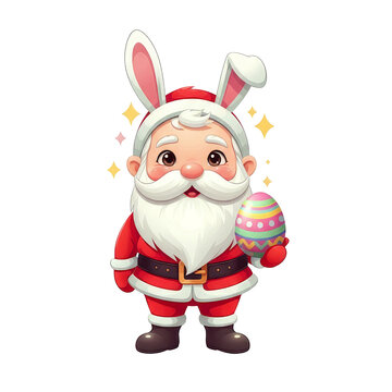 recommend clip art: Santa Bunny Easter Egg Surprise - Adorable cartoon Santa Claus wearing bunny ears holds a decorated Easter egg. Perfect for Easter and holiday celebrations.