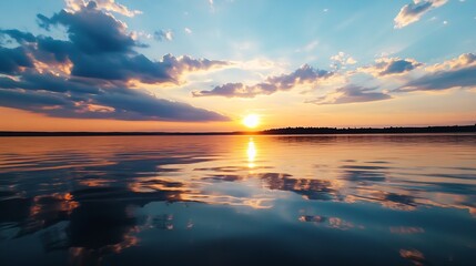 Breathtaking Sunset Over Calm Lake with Spectacular Sky Reflection : Generative AI