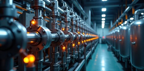 High-tech pasteurization plant with automated valves and heat exchangers, milk processing, food processing