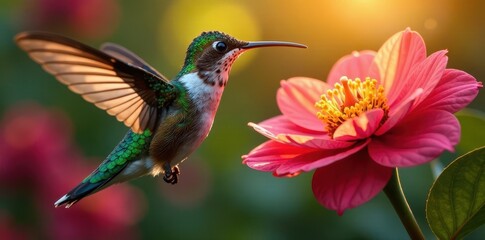 Fototapeta premium Hummingbird's iridescent feathers glimmer in sunlight while hovering near a radiant bloom, insects, close-up