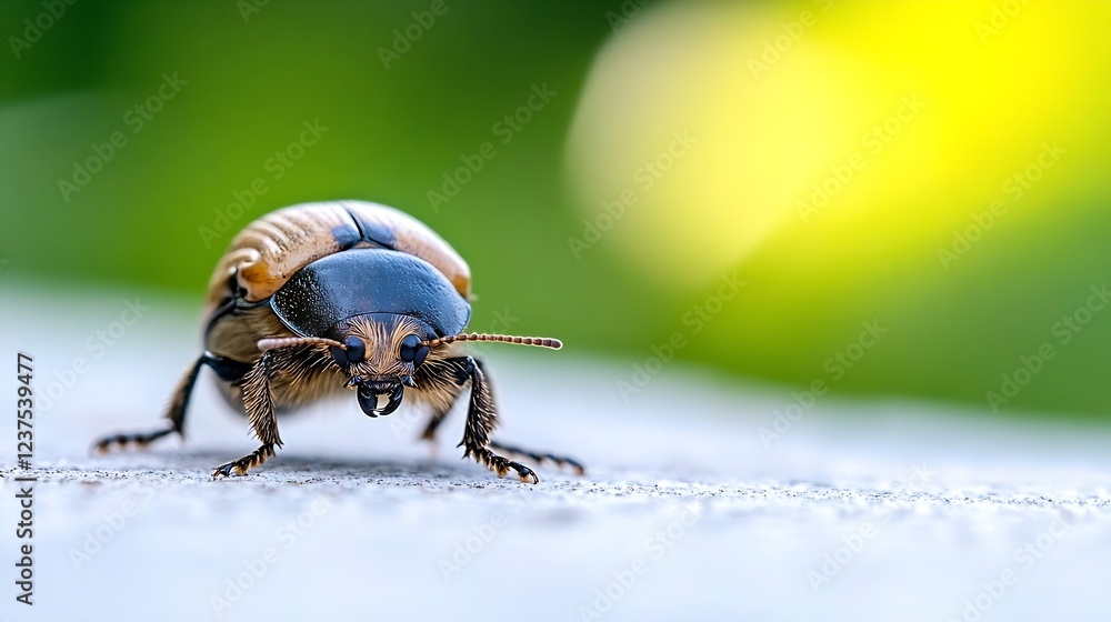 Poster macro photography of black beetle on concrete surface in natural light : generative ai