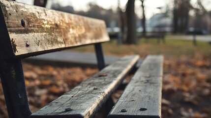 Fototapeta premium Close Up of Rustic Park Bench with Autumn Leaves in Background : Generative AI