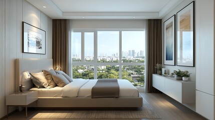 Fototapeta premium Cozy Urban Bedroom Featuring Luxurious Bed with Plush Bedding and Large Window Showcasing Breathtaking Cityscape View Bathed in Natural Light Creating a Peaceful Relaxing Atmosphere