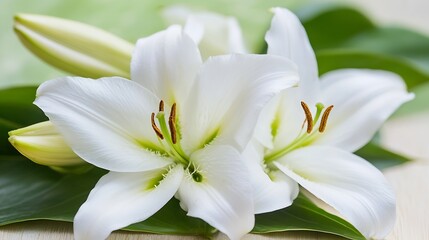 Fototapeta premium Elegant white lilies resting on vibrant green leaves in serene natural setting : Generative AI