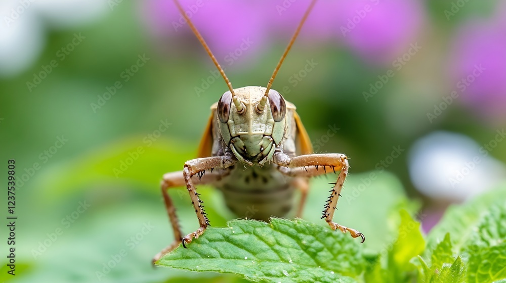 Poster macro photography of grasshopper on leaf with floral background : generative ai