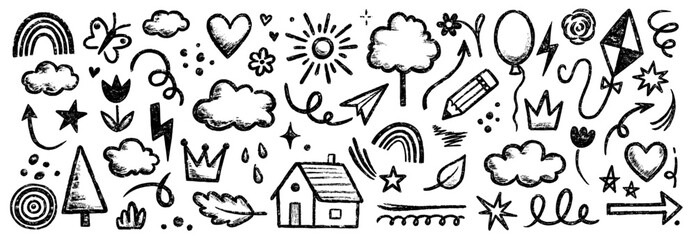 Kid crayon chalk line cloud, flower children sticker set. Hand drawn crayon doodle sketch childish cute element set. Chalk star, heart, flower color cute element background. Vector illustration