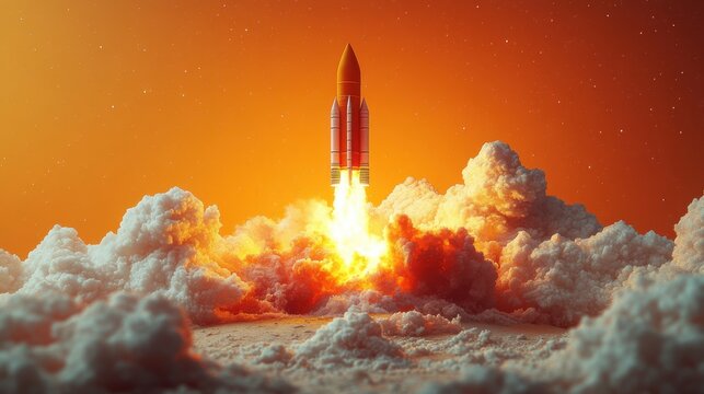 Imagine a 3D isomorphic illustration designed to fit into a cubic structure, depicting a minimalist, yet powerful scene of a rocket launch. 