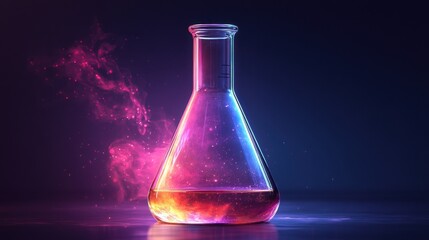 Visualize a 2D icon of an Erlenmeyer flask with the illusion of a three-dimensional form. The flask should be precisely crafted, having a triangular, cone-like body and a slender cylindrical neck. 