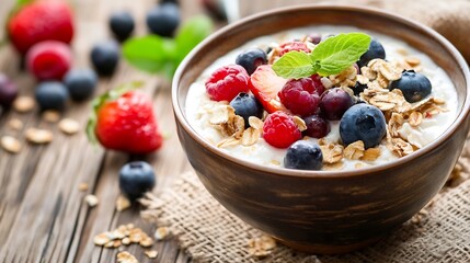 Healthy Breakfast Bowl with Fresh Berries and Yogurt on Rustic Wooden Table : Generative AI
