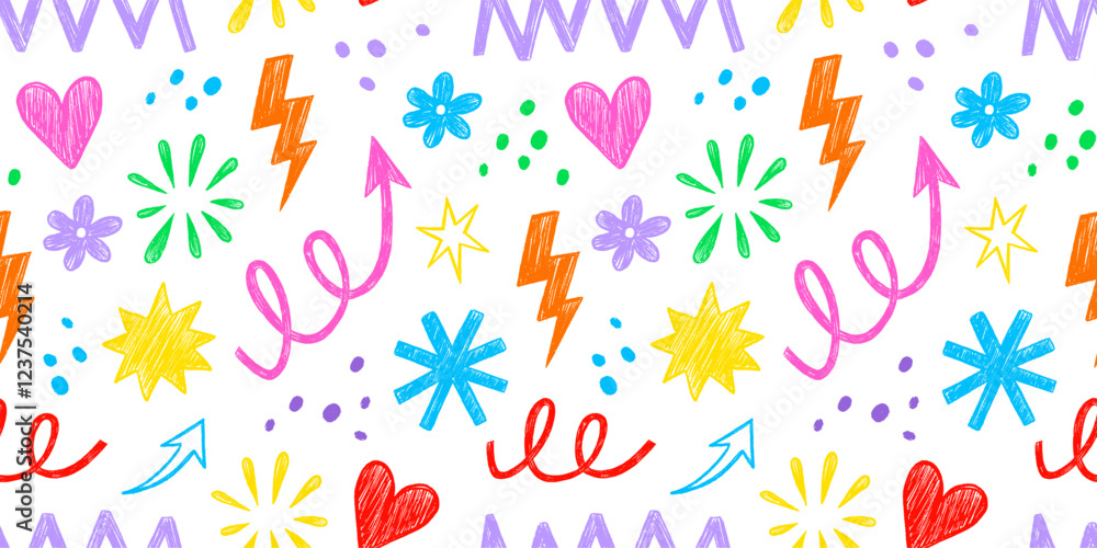 Poster pencil crayon kid seamless pattern child fun shape squiggle confetti background. hand drawn color cr