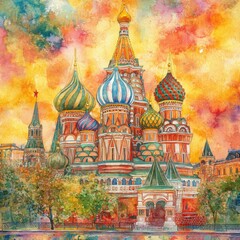 Obraz premium Vibrant Watercolor Painting of St. Basil's Cathedral in Moscow, Capturing the Stunning Architecture and Colors of the Famous Landmark in Russia