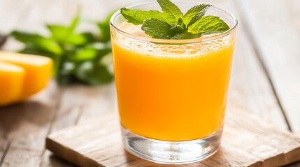 Fototapeta premium Freshly squeezed mango juice garnished with mint leaves on wooden table : Generative AI