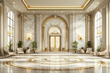 Fototapeta premium A luxurious marble foyer with elegant furnishings, large windows, and decorative plants, featuring intricate patterns on the floor and golden accents.