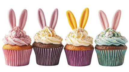 Four delicious easter cupcakes decorated with bunny ears on transparent background