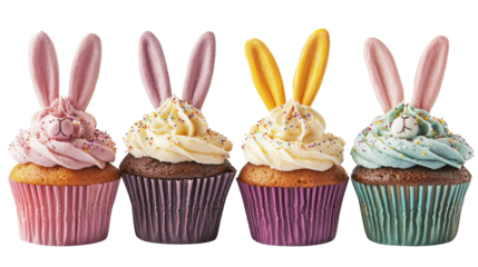 Four delicious easter cupcakes decorated with bunny ears on transparent background