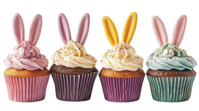 Four delicious easter cupcakes decorated with bunny ears on transparent background